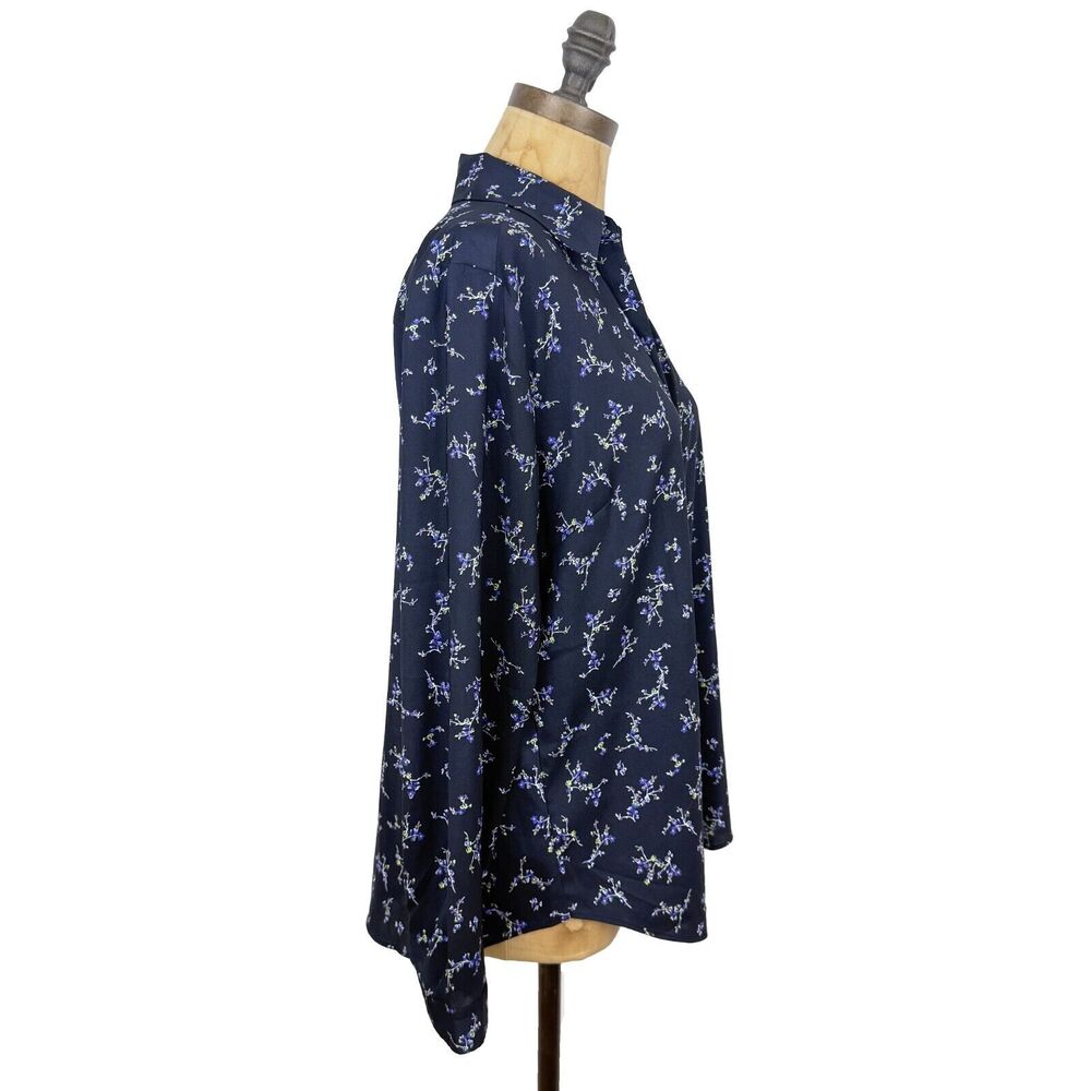 ANN TAYLOR Woven Dress Shirt Petite L Navy Blue Floral Print Button Up Top B4 - Picture 2 of 5